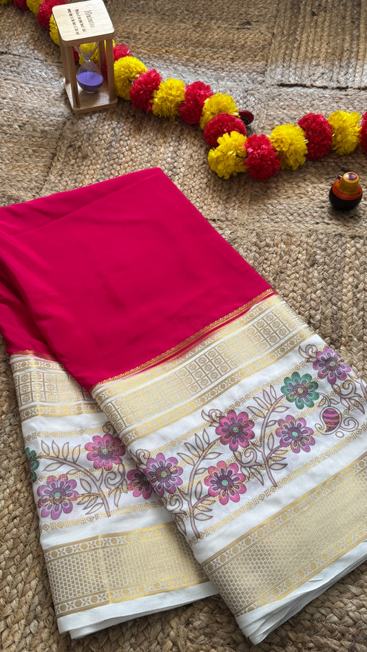 Semi Crepe Silk with Kalamkari Floral Print Boarder -Pink & White