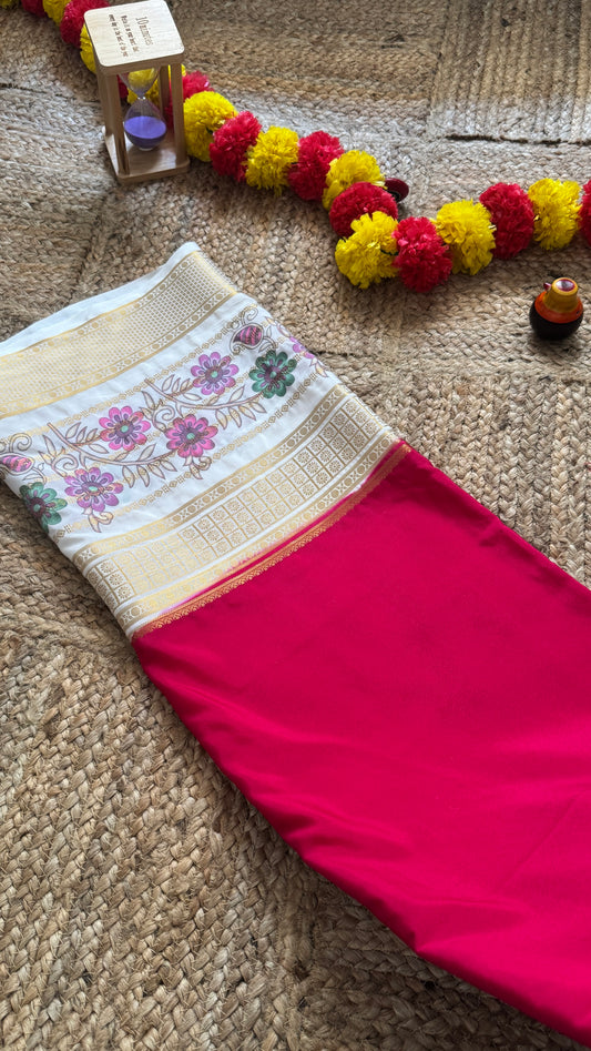 Semi Crepe Silk with Kalamkari Floral Print Boarder -Pink & White