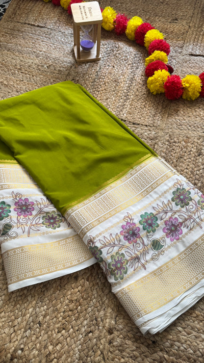 Semi Crepe Silk with Kalamkari Floral Print Boarder - Olive & White