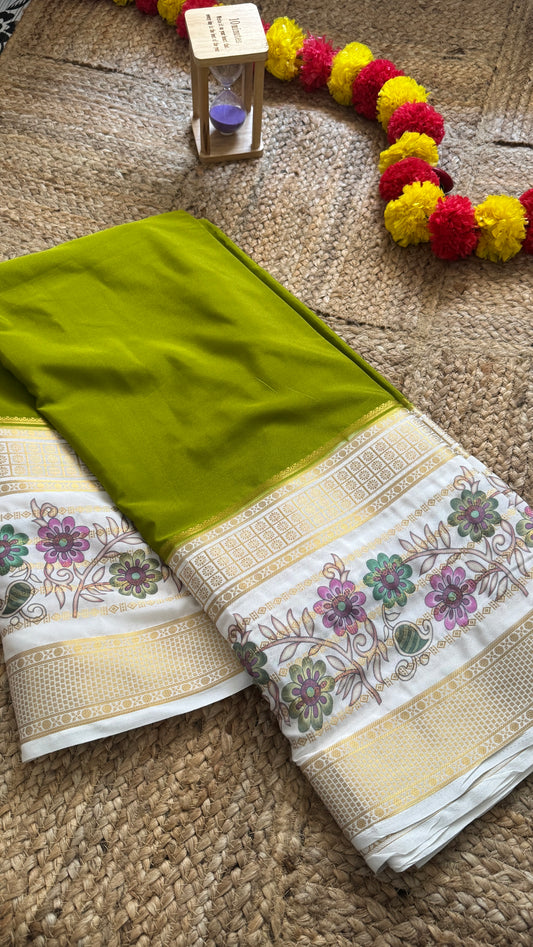 Semi Crepe Silk with Kalamkari Floral Print Boarder - Olive & White