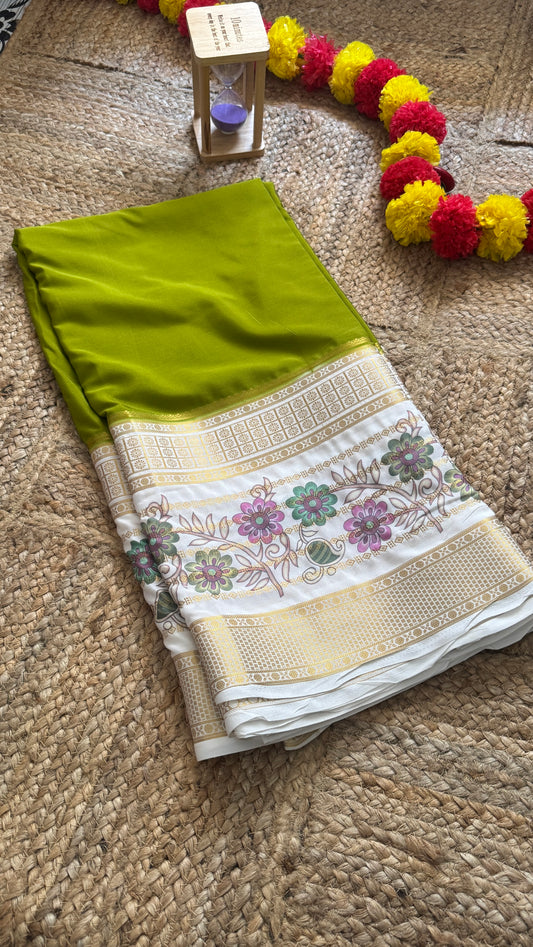 Semi Crepe Silk with Kalamkari Floral Print Boarder - Olive & White
