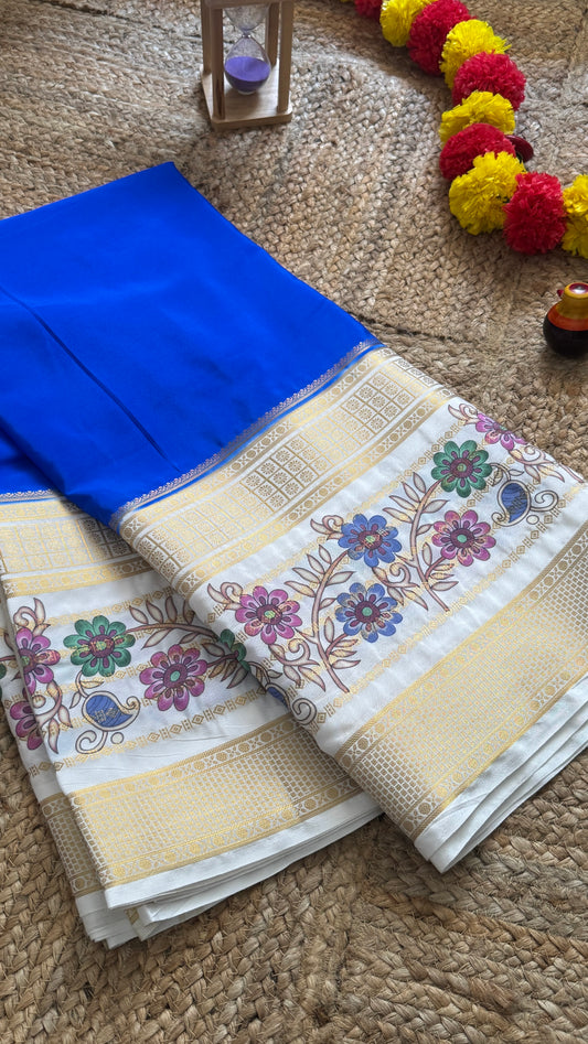 Semi Crepe Silk with Kalamkari Floral Print Boarder - Blue & White