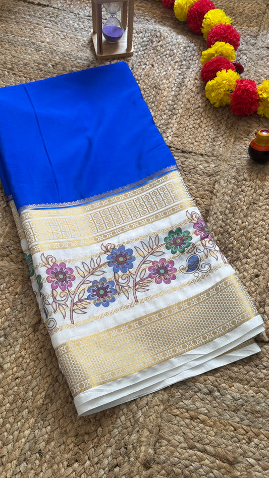 Semi Crepe Silk with Kalamkari Floral Print Boarder - Blue & White