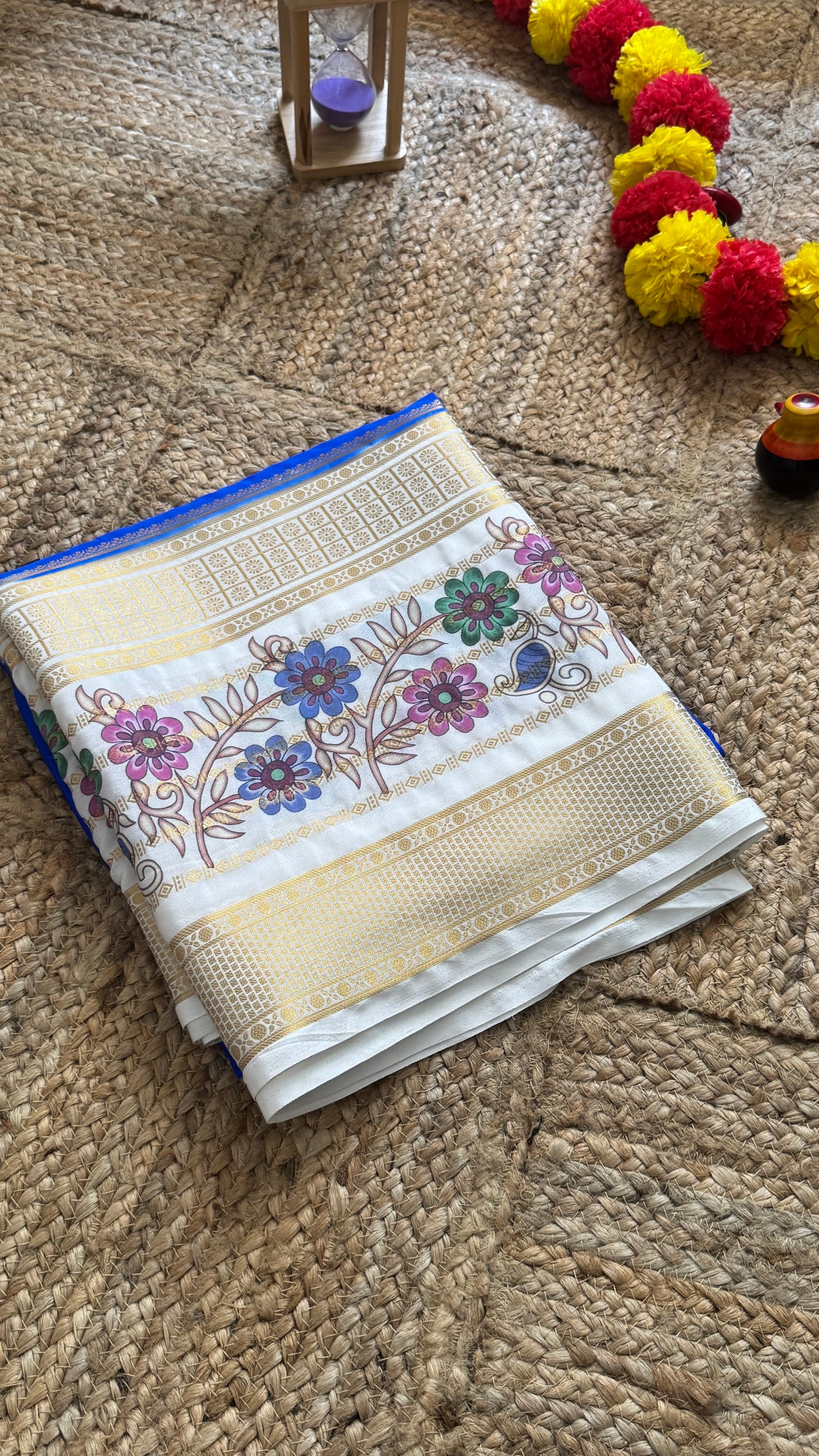 Semi Crepe Silk with Kalamkari Floral Print Boarder - Blue & White
