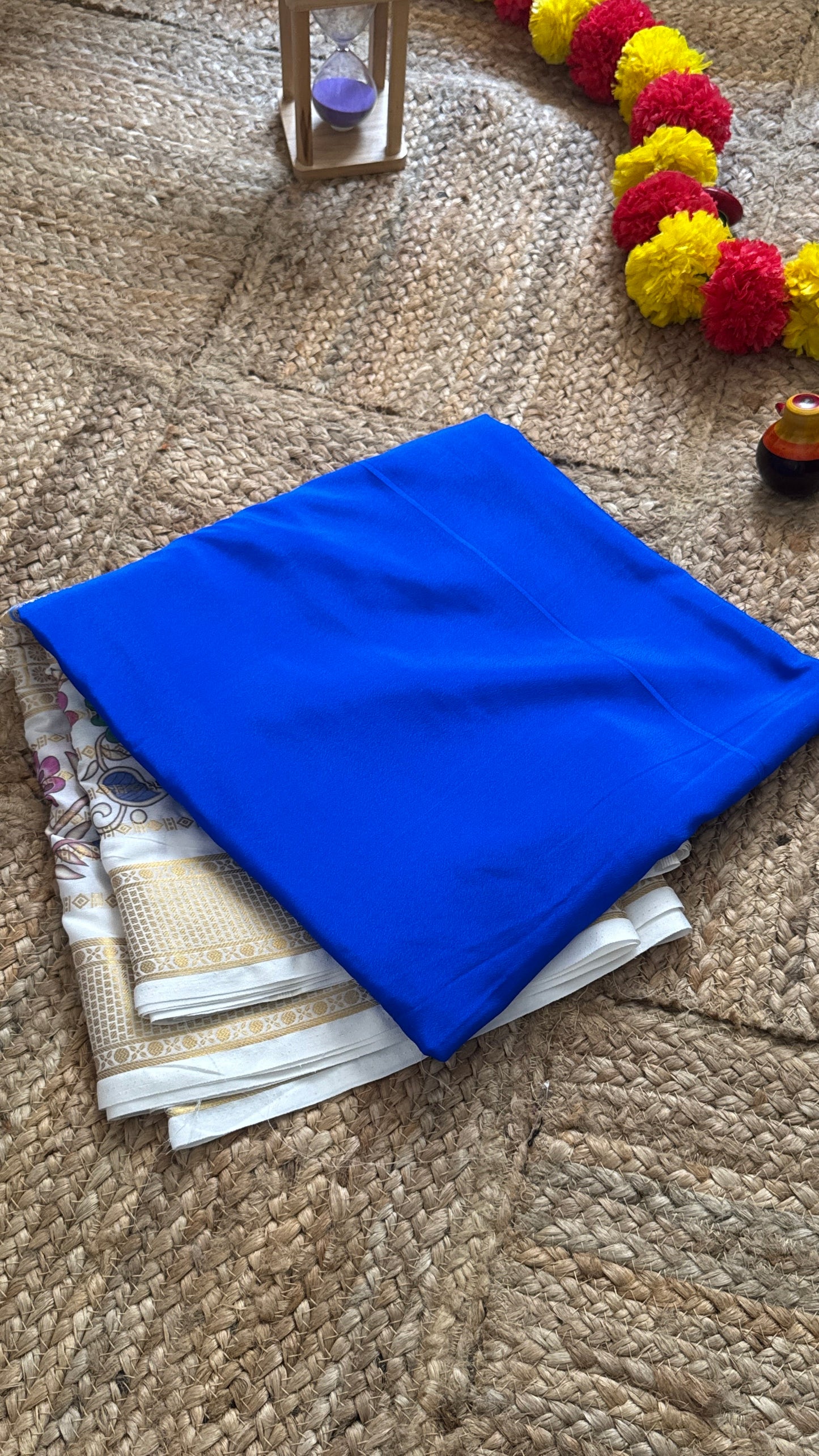 Semi Crepe Silk with Kalamkari Floral Print Boarder - Blue & White