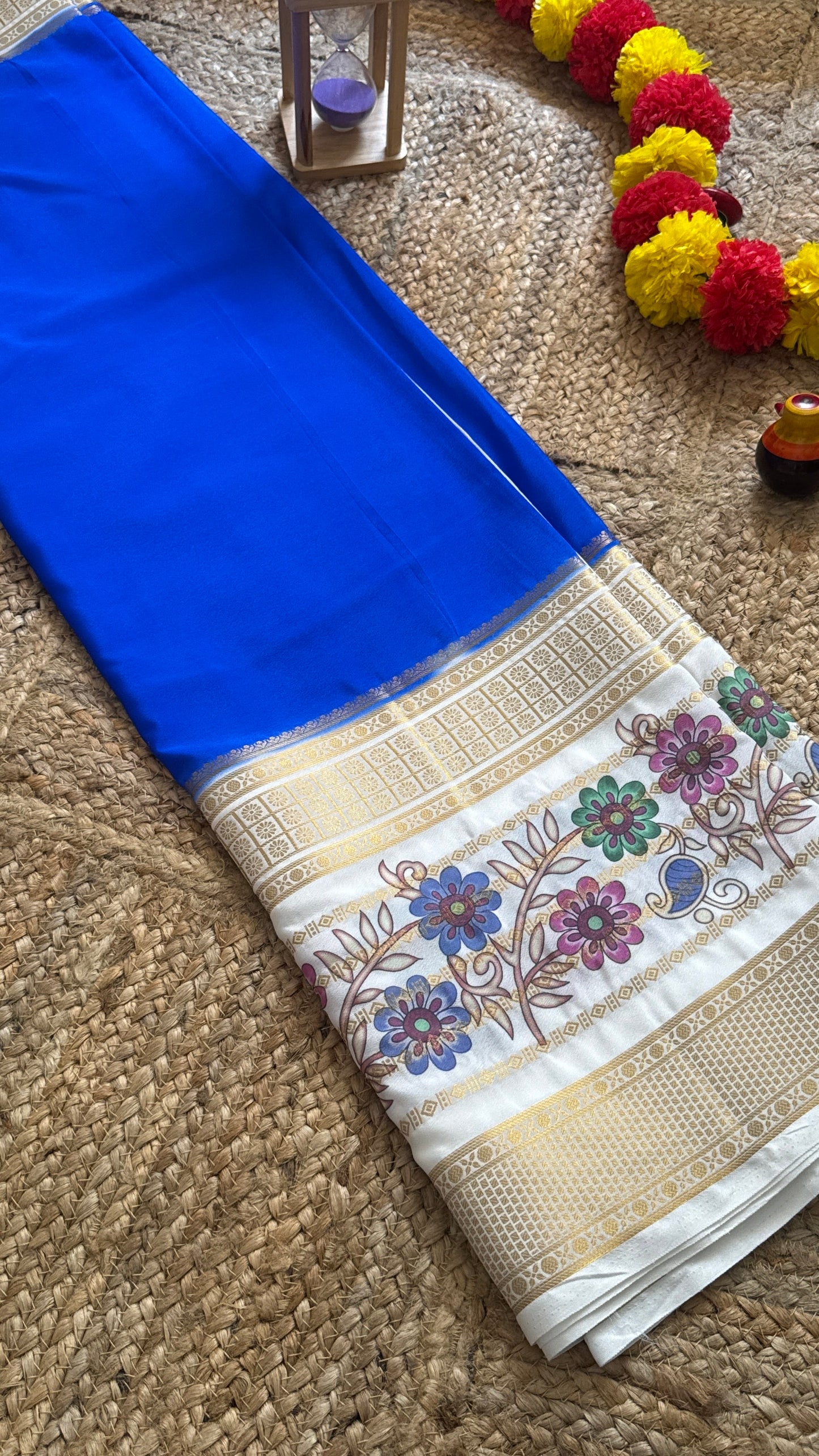 Semi Crepe Silk with Kalamkari Floral Print Boarder - Blue & White