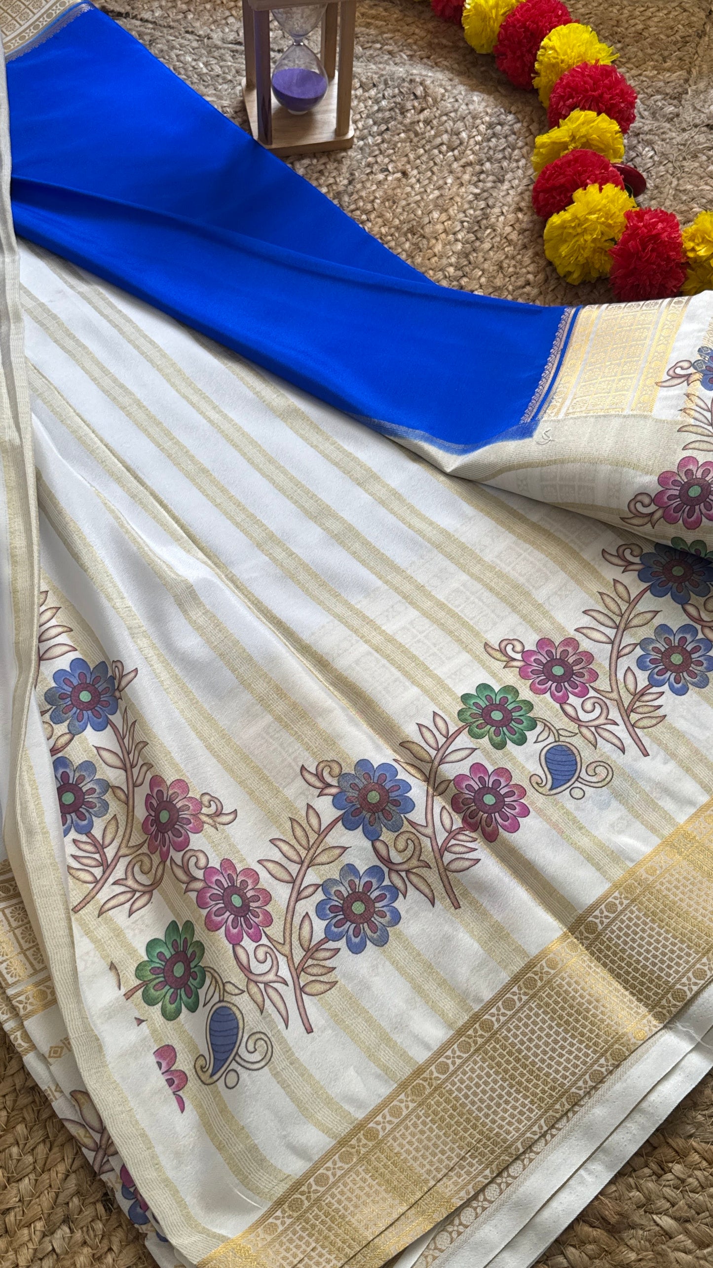Semi Crepe Silk with Kalamkari Floral Print Boarder - Blue & White