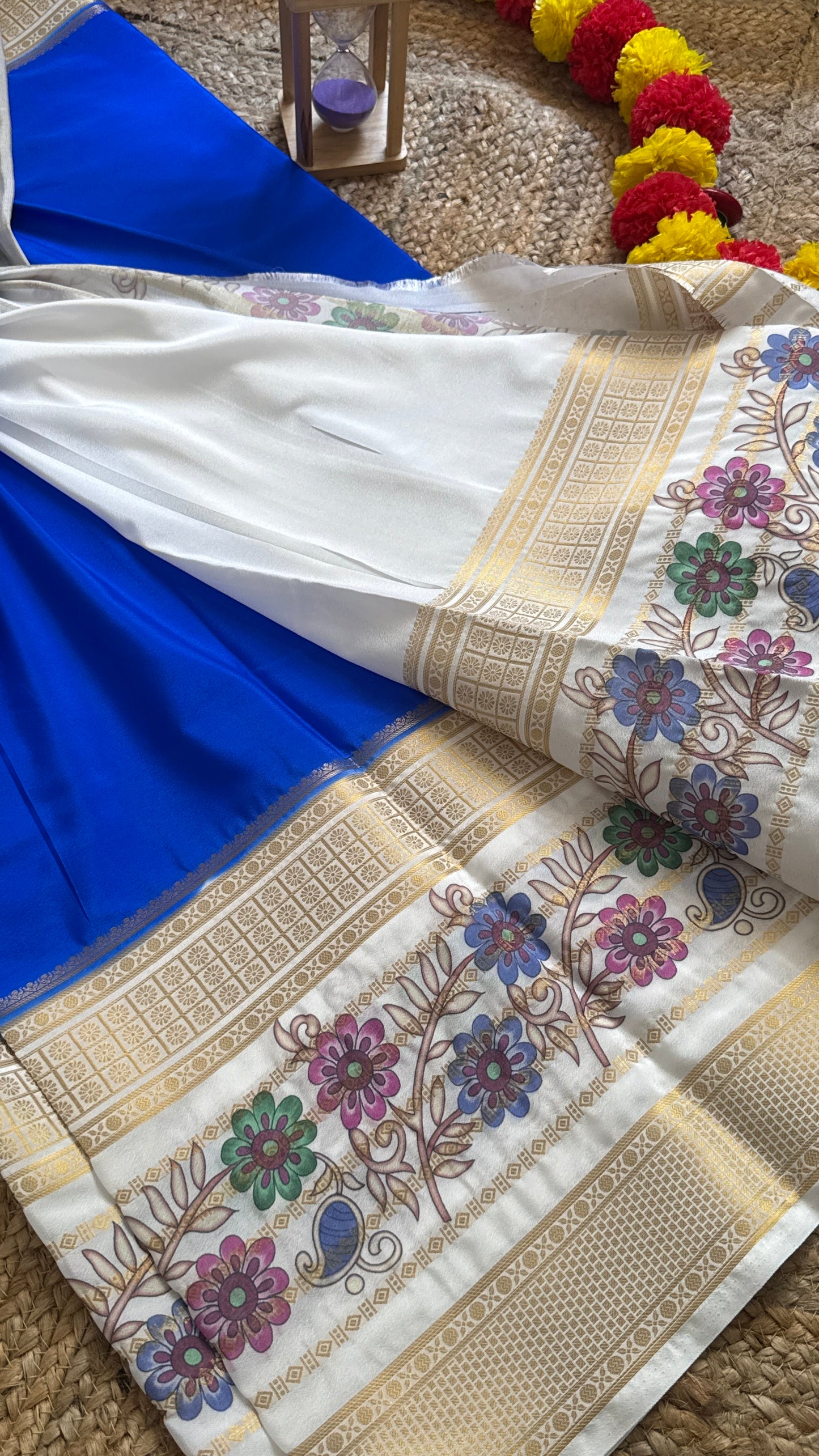 Semi Crepe Silk with Kalamkari Floral Print Boarder - Blue & White