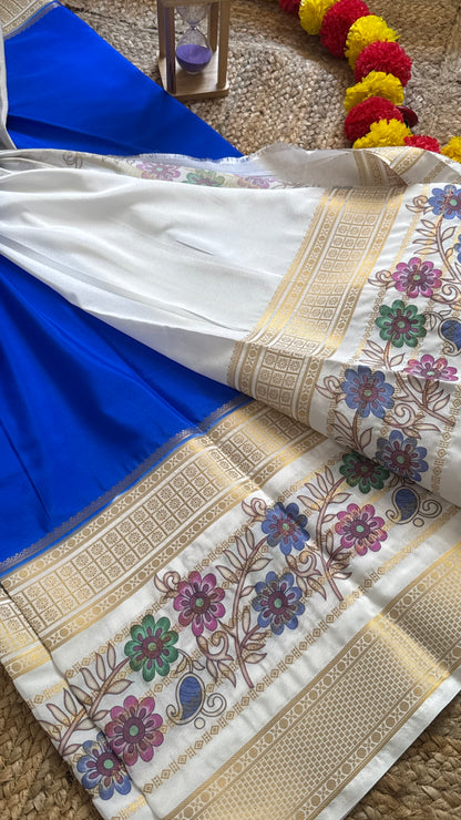 Semi Crepe Silk with Kalamkari Floral Print Boarder - Blue & White