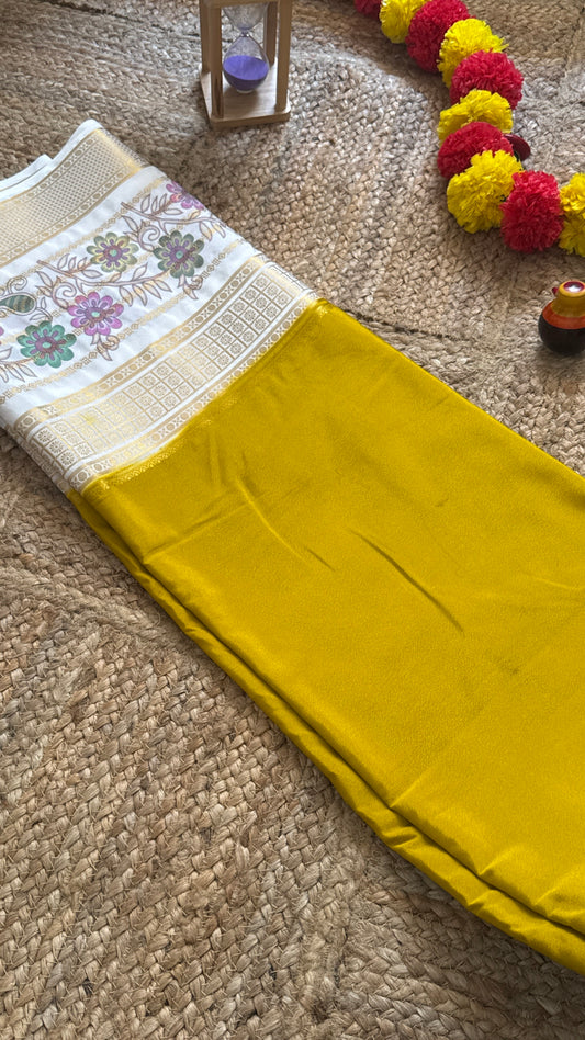 Semi Crepe Silk with Kalamkari Floral Print Boarder - Mustard & White