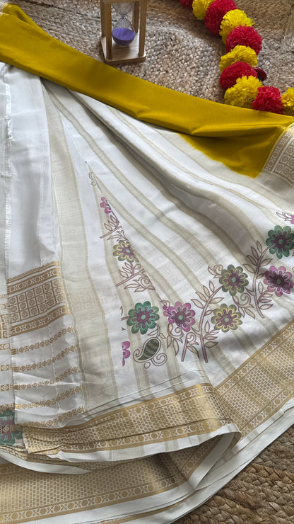 Semi Crepe Silk with Kalamkari Floral Print Boarder - Mustard & White