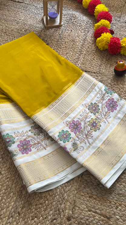 Semi Crepe Silk with Kalamkari Floral Print Boarder - Mustard & White