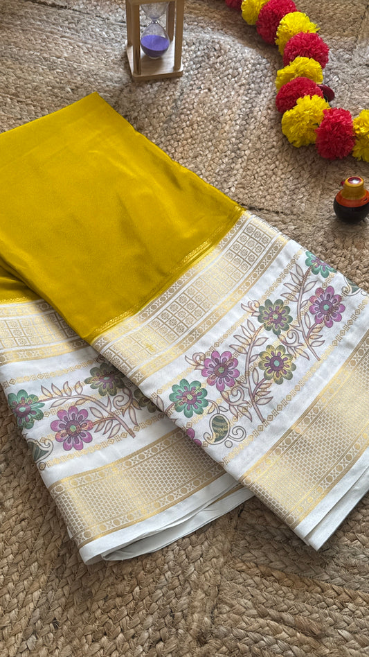 Semi Crepe Silk with Kalamkari Floral Print Boarder - Mustard & White