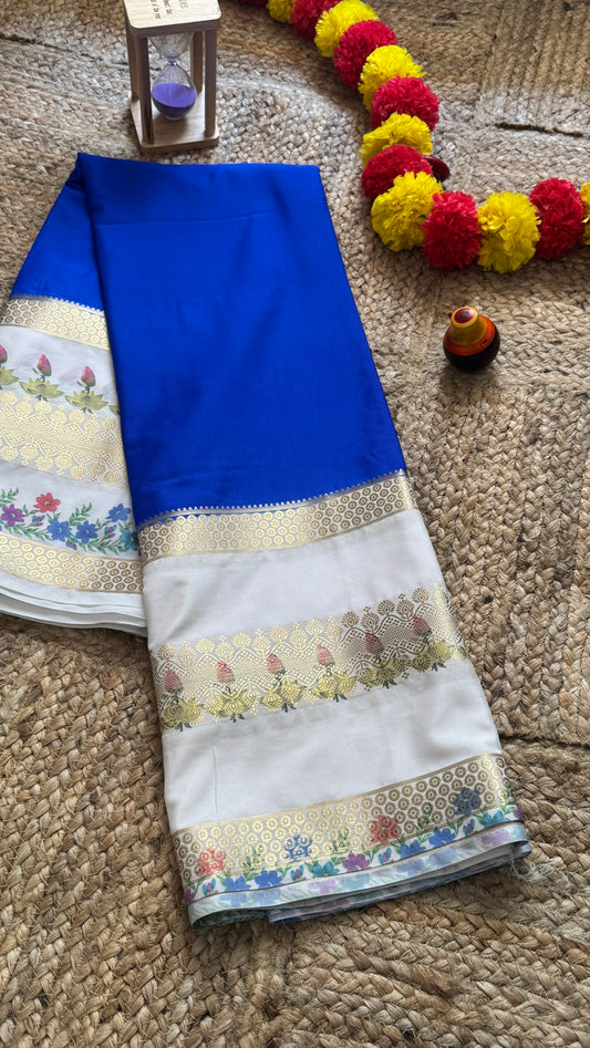 Semi Crepe Silk with Kalamkari Floral Boarder - Royal Blue & White