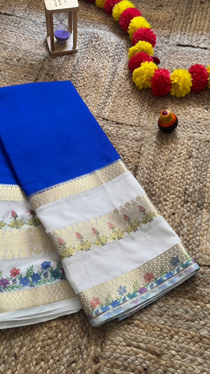 Semi Crepe Silk with Kalamkari Floral Boarder - Royal Blue & White