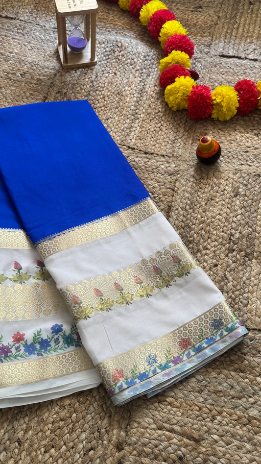 Semi Crepe Silk with Kalamkari Floral Boarder - Royal Blue & White