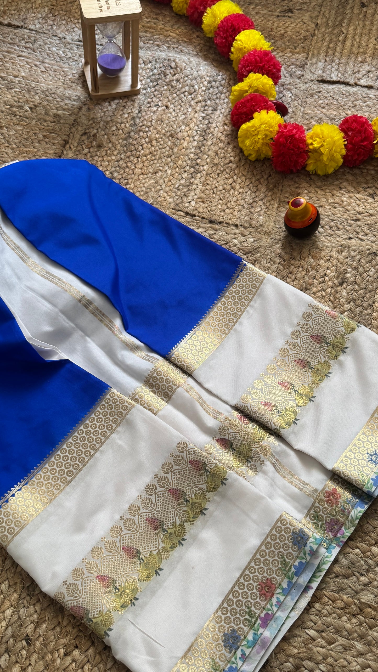 Semi Crepe Silk with Kalamkari Floral Boarder - Royal Blue & White