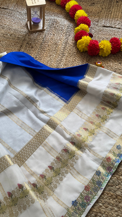 Semi Crepe Silk with Kalamkari Floral Boarder - Royal Blue & White