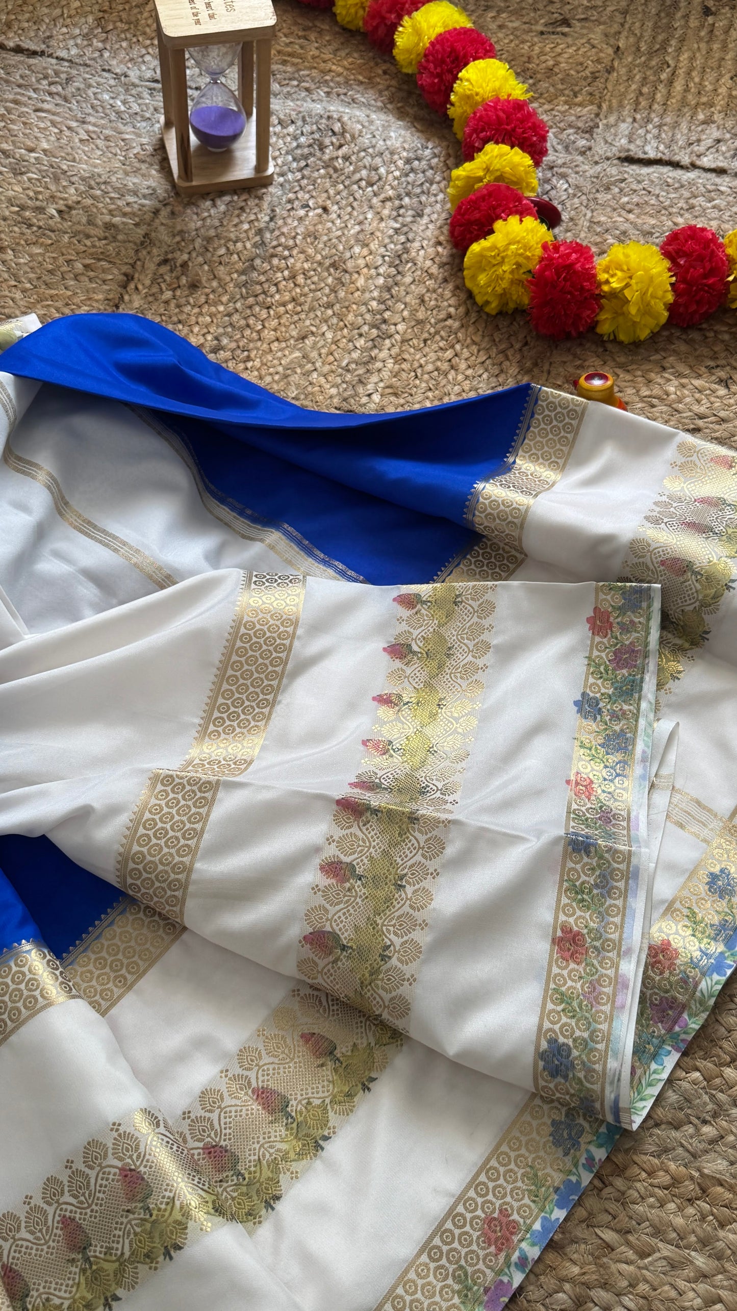 Semi Crepe Silk with Kalamkari Floral Boarder - Royal Blue & White