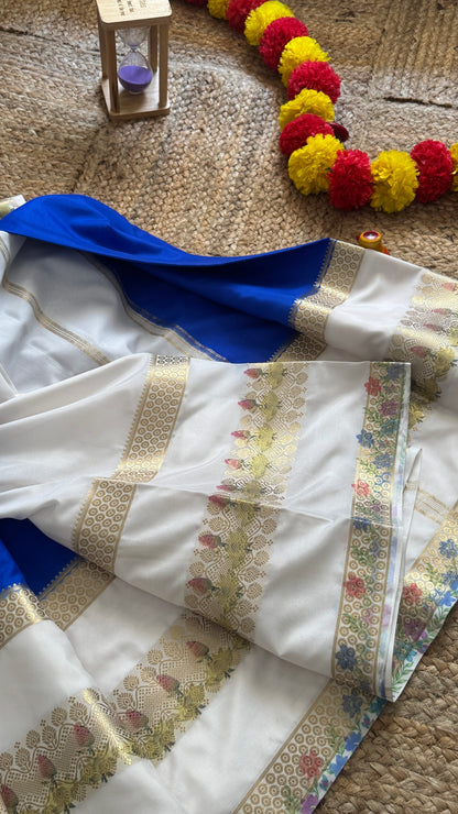 Semi Crepe Silk with Kalamkari Floral Boarder - Royal Blue & White