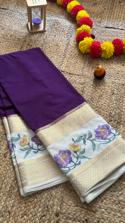 Semi Crepe Silk with Kalamkari Floral Boarder - Purple & White