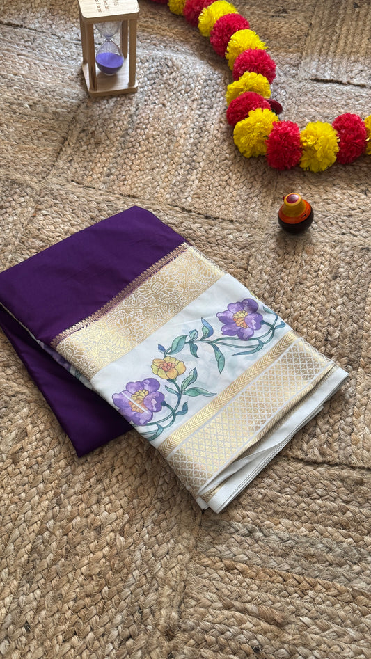 Semi Crepe Silk with Kalamkari Floral Boarder - Purple & White