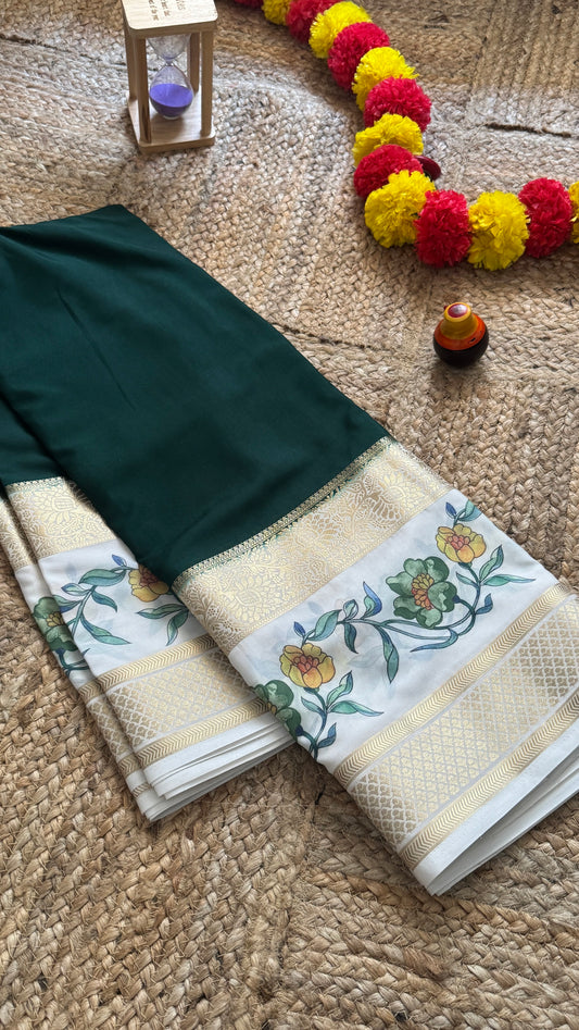 Semi Crepe Silk with Kalamkari Floral Boarder - Dark Green & White