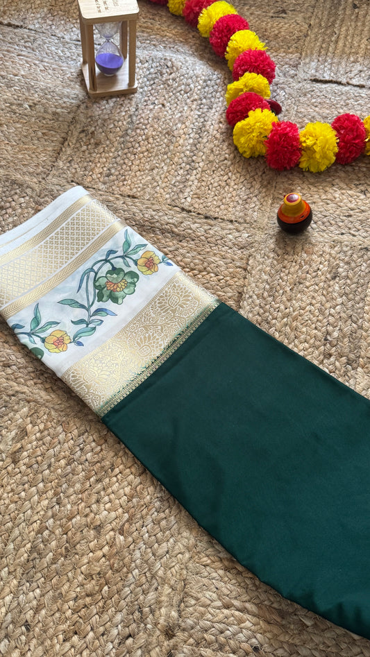 Semi Crepe Silk with Kalamkari Floral Boarder - Dark Green & White