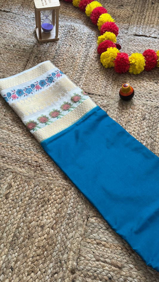Semi Crepe Silk with Kalamkari Floral Boarder - Blue & White
