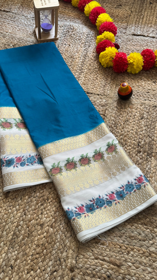 Semi Crepe Silk with Kalamkari Floral Boarder - Blue & White