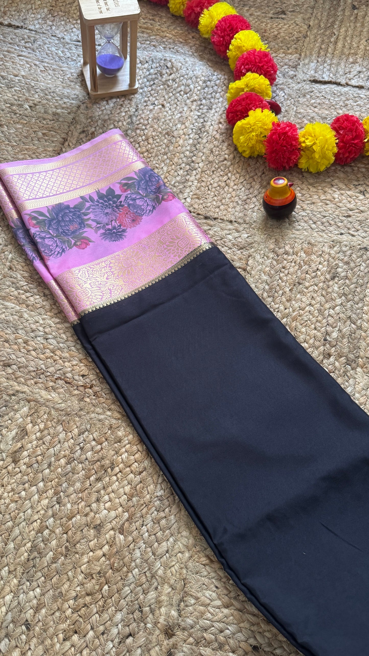 Semi Crepe Silk with Kalamkari Floral Boarder - Black and Pink