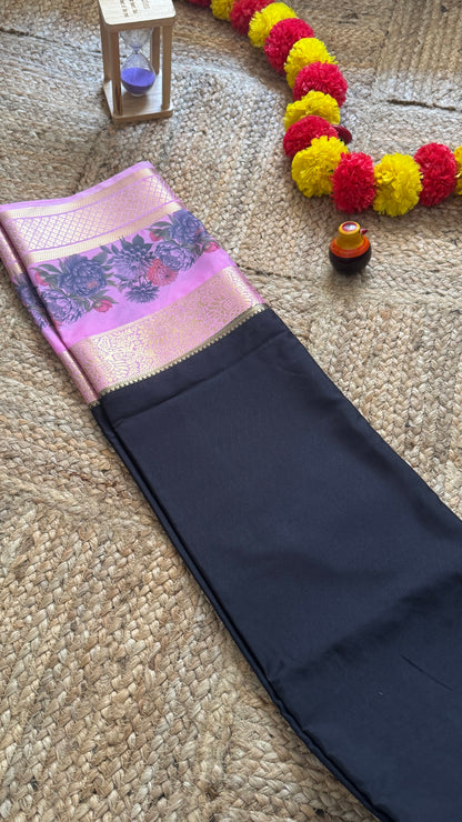Semi Crepe Silk with Kalamkari Floral Boarder - Black and Pink