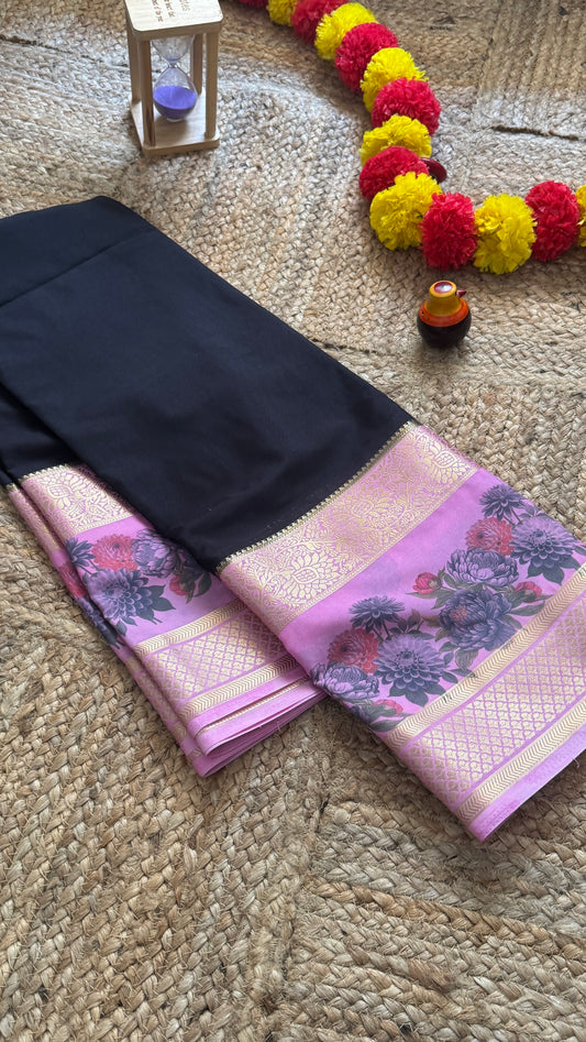 Semi Crepe Silk with Kalamkari Floral Boarder - Black and Pink
