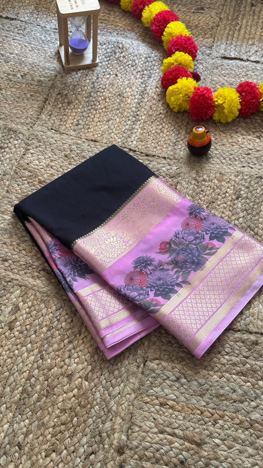Semi Crepe Silk with Kalamkari Floral Boarder - Black and Pink