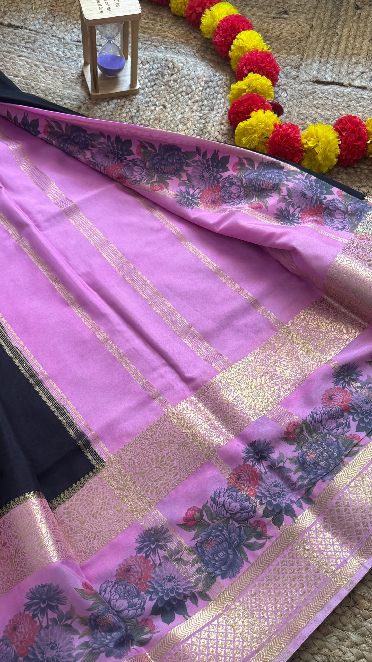 Semi Crepe Silk with Kalamkari Floral Boarder - Black and Pink