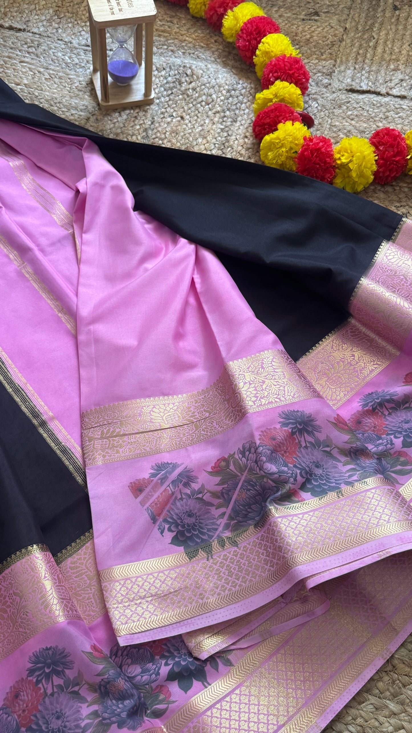 Semi Crepe Silk with Kalamkari Floral Boarder - Black and Pink