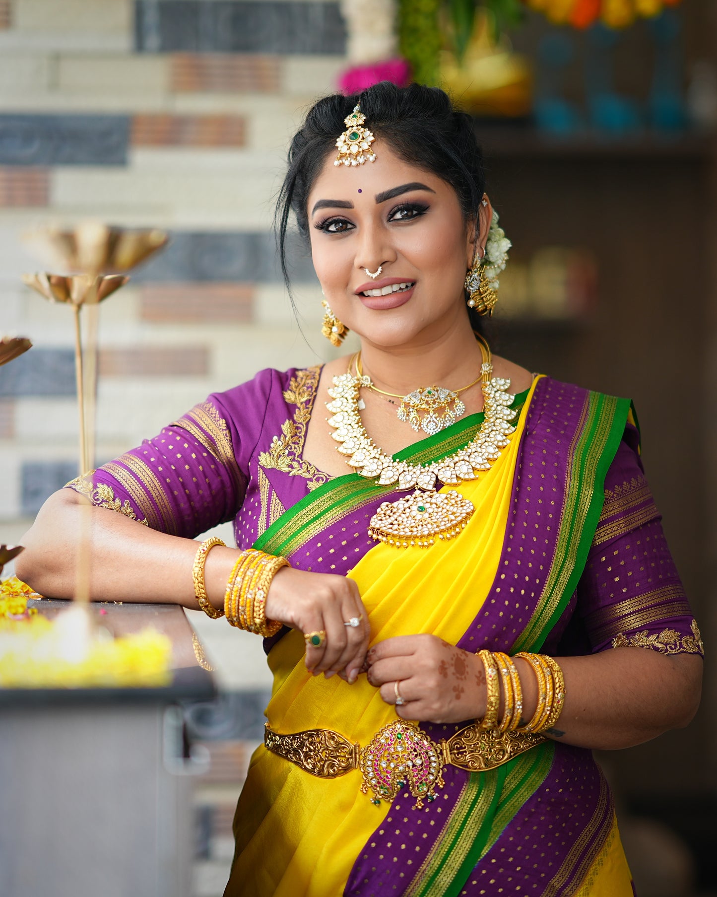 5.Pure Mysore Silk Saree - Boarder Lines Yellow Purple and Green