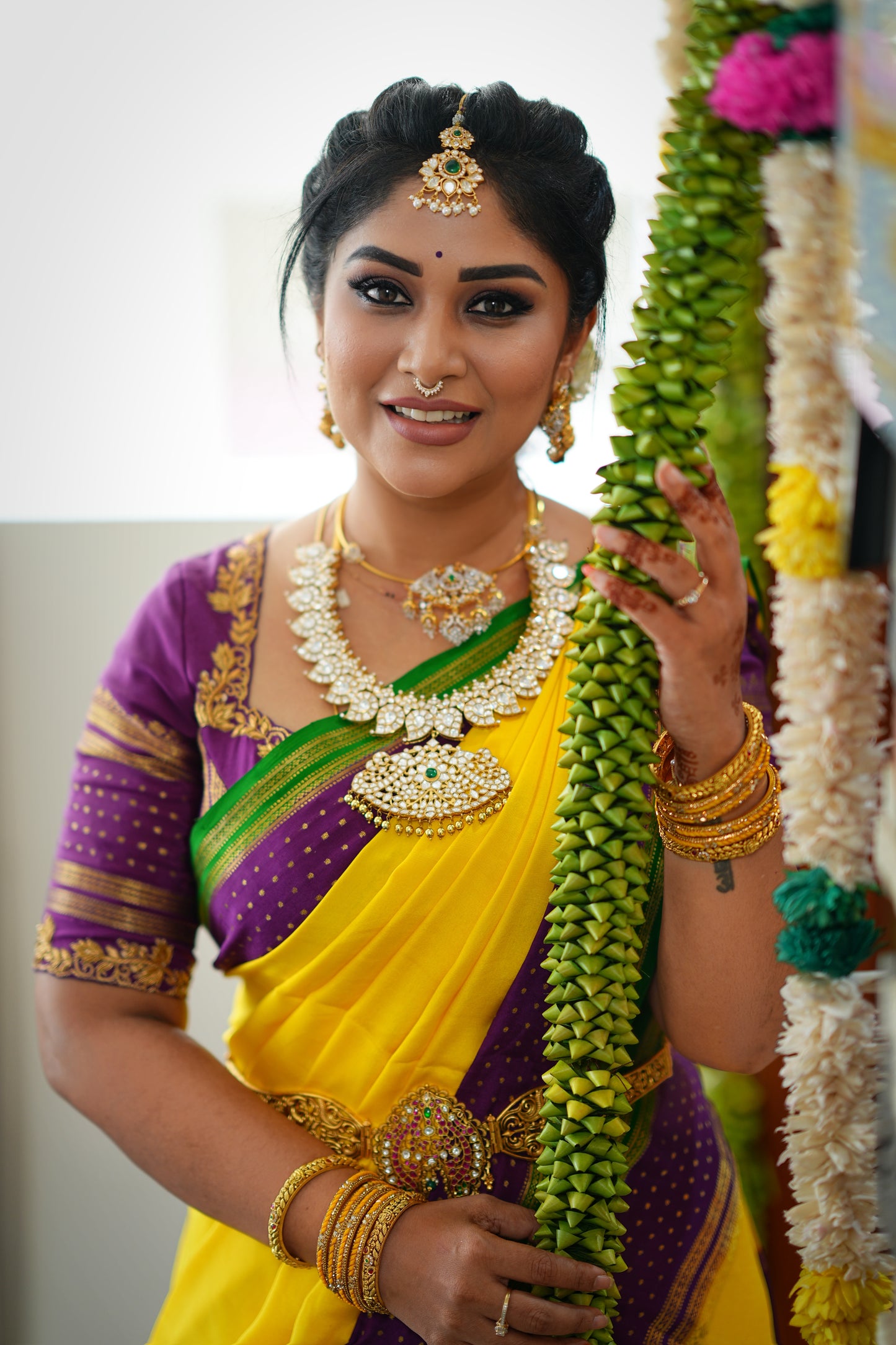 5.Pure Mysore Silk Saree - Boarder Lines Yellow Purple and Green