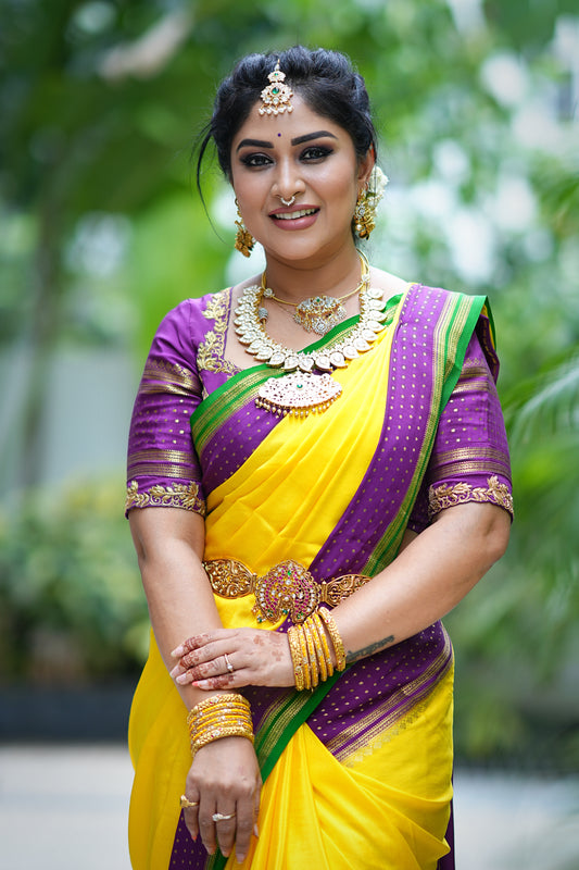 Pure Mysore Silk Saree - Boarder Lines Yellow Purple and Green