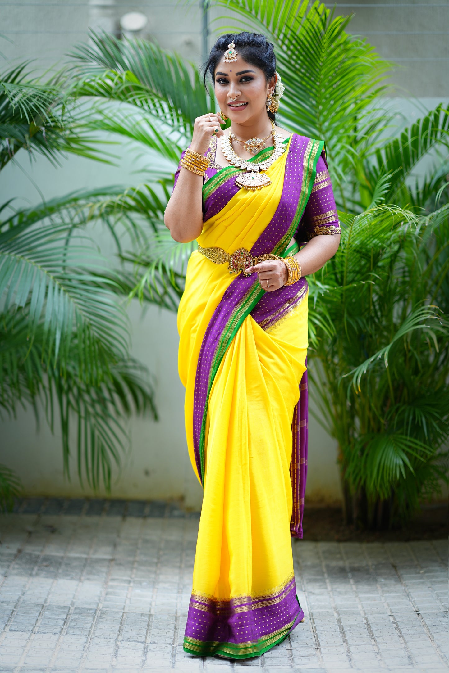 5.Pure Mysore Silk Saree - Boarder Lines Yellow Purple and Green