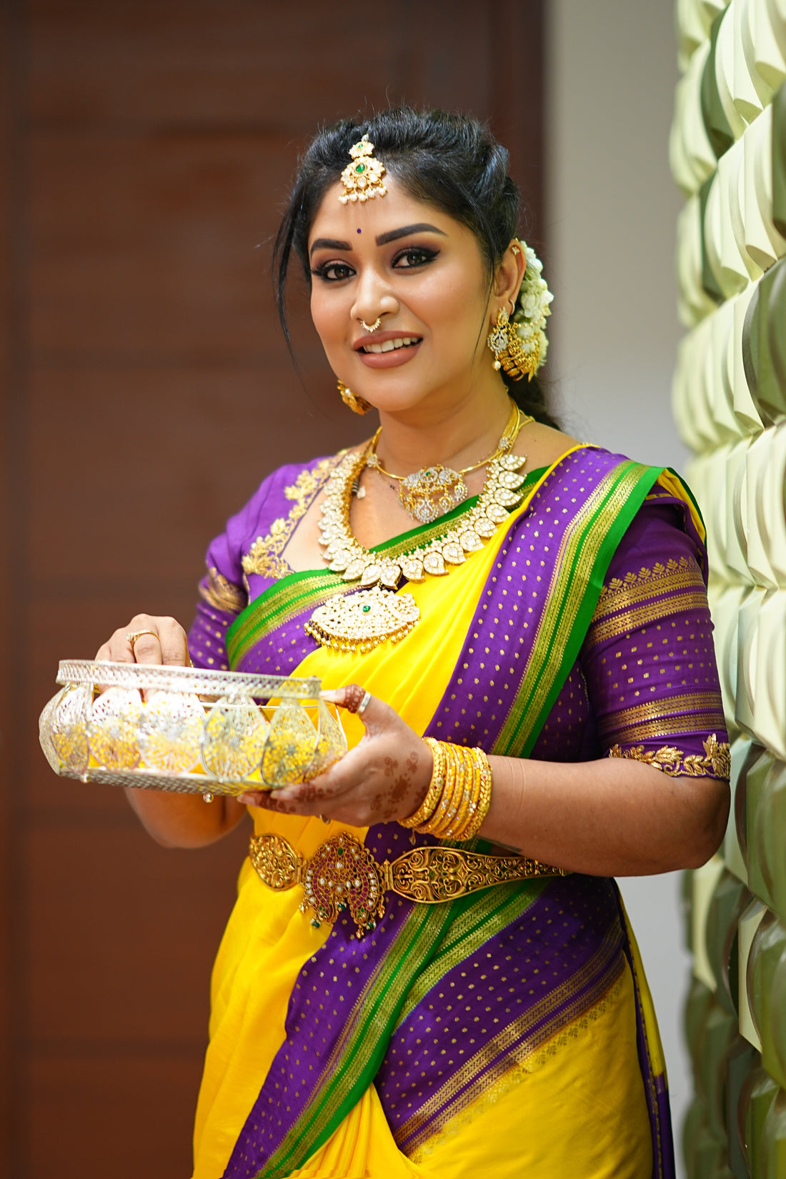 5.Pure Mysore Silk Saree - Border Lines Yellow Purple and Green