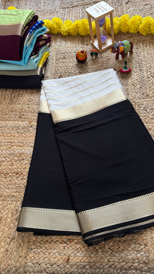 Black and White - Premium Semi Mysore Crepe Silk Centre Stripes Saree
