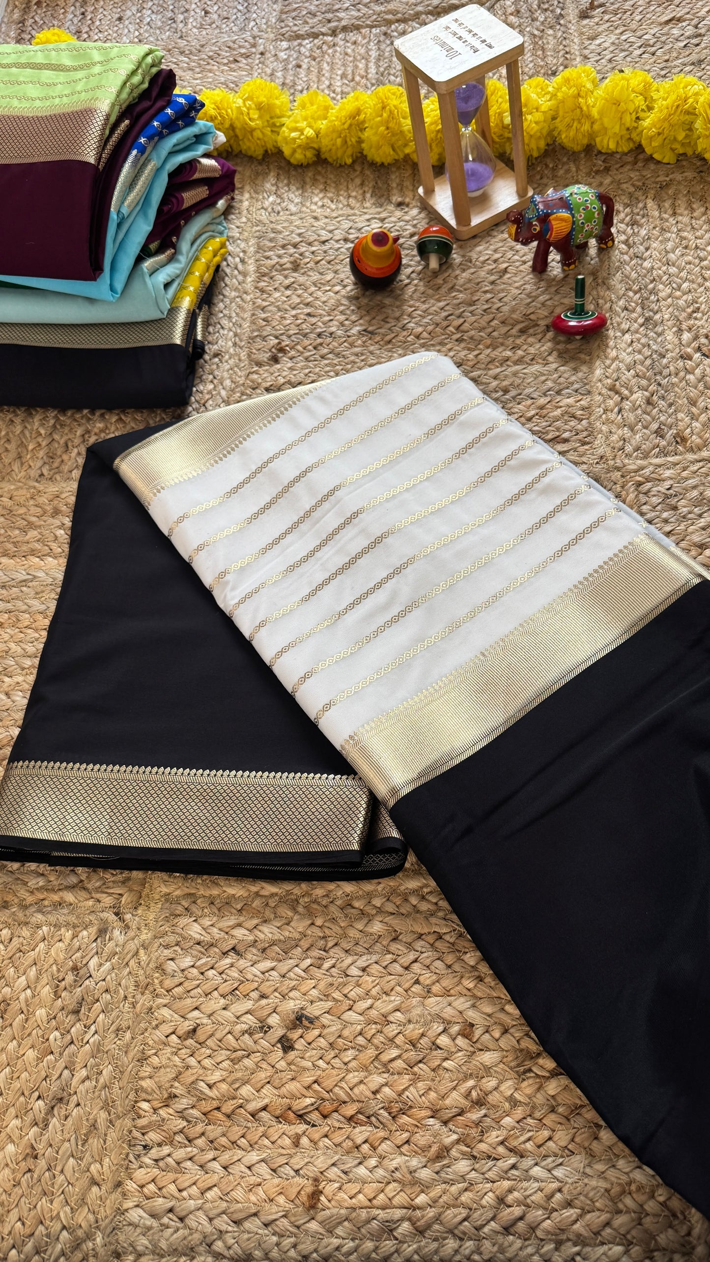 Black and White - Premium Semi Mysore Crepe Silk Centre Stripes Saree