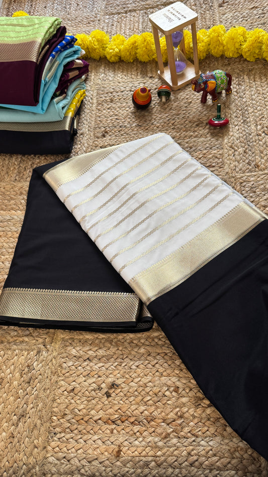 Black and White - Premium Semi Mysore Crepe Silk Centre Stripes Saree