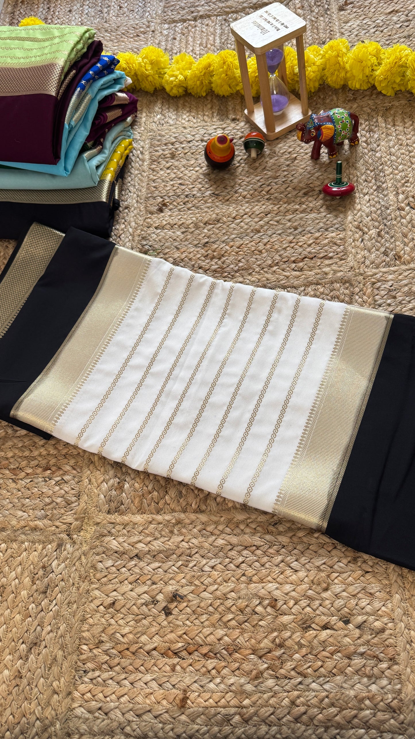 Black and White - Premium Semi Mysore Crepe Silk Centre Stripes Saree