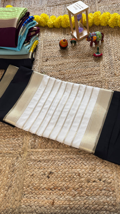 Black and White - Premium Semi Mysore Crepe Silk Centre Stripes Saree