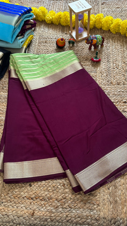 Magenta and Pista Green - Premium Semi Mysore Crepe Silk Centre Stripes Saree