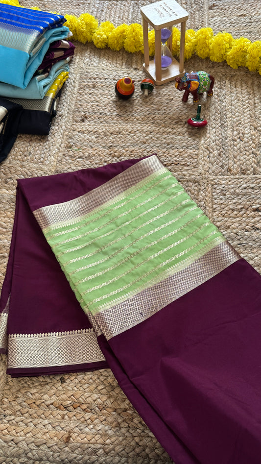 Magenta and Pista Green - Premium Semi Mysore Crepe Silk Centre Stripes Saree
