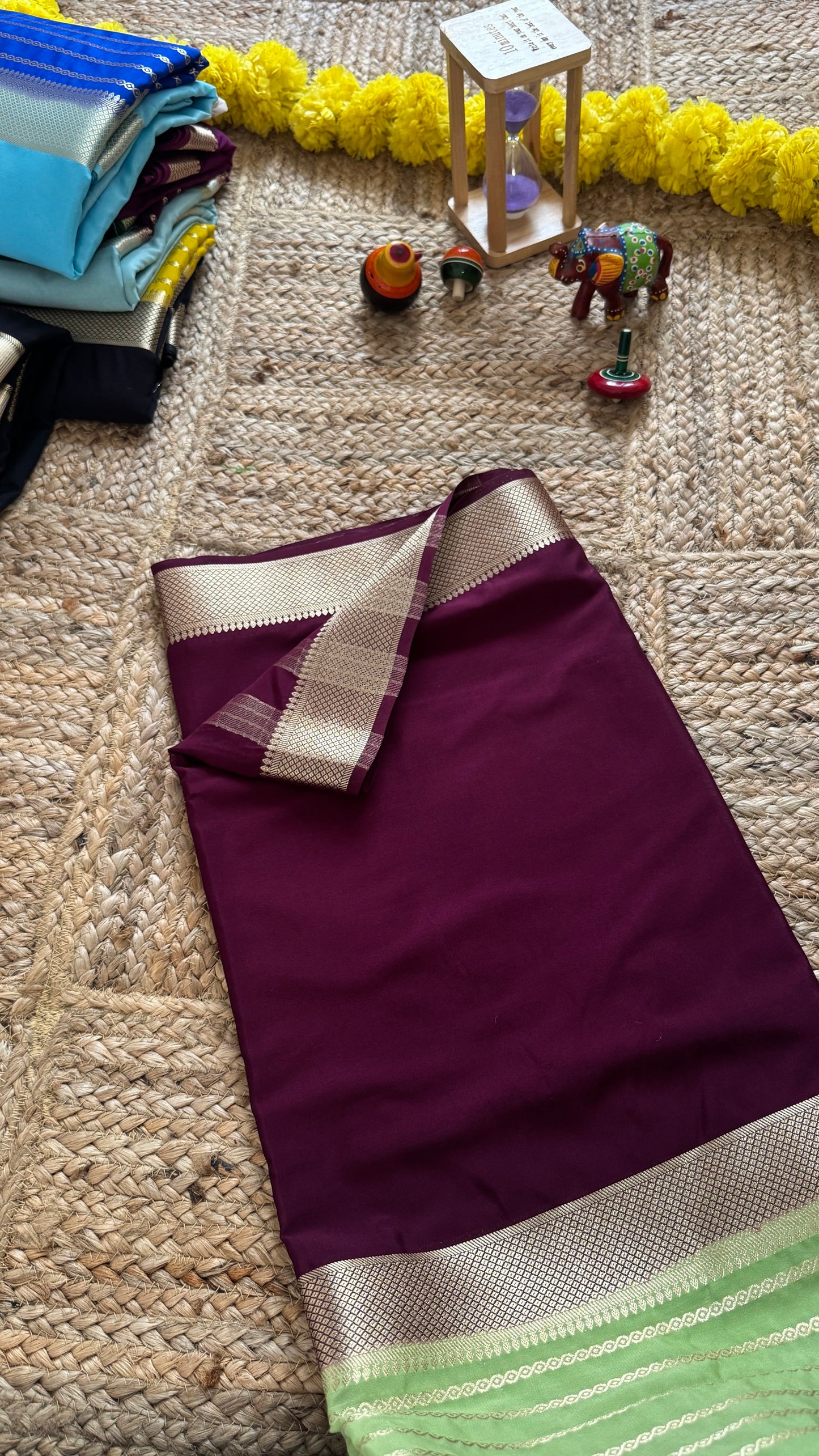 Magenta and Pista Green - Premium Semi Mysore Crepe Silk Centre Stripes Saree