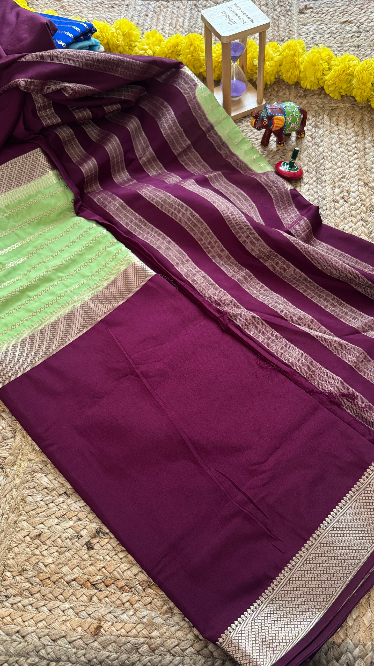 Magenta and Pista Green - Premium Semi Mysore Crepe Silk Centre Stripes Saree